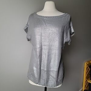 Verve Ami silver metallic knit top with short sleeves and a relaxed fit. Size XL